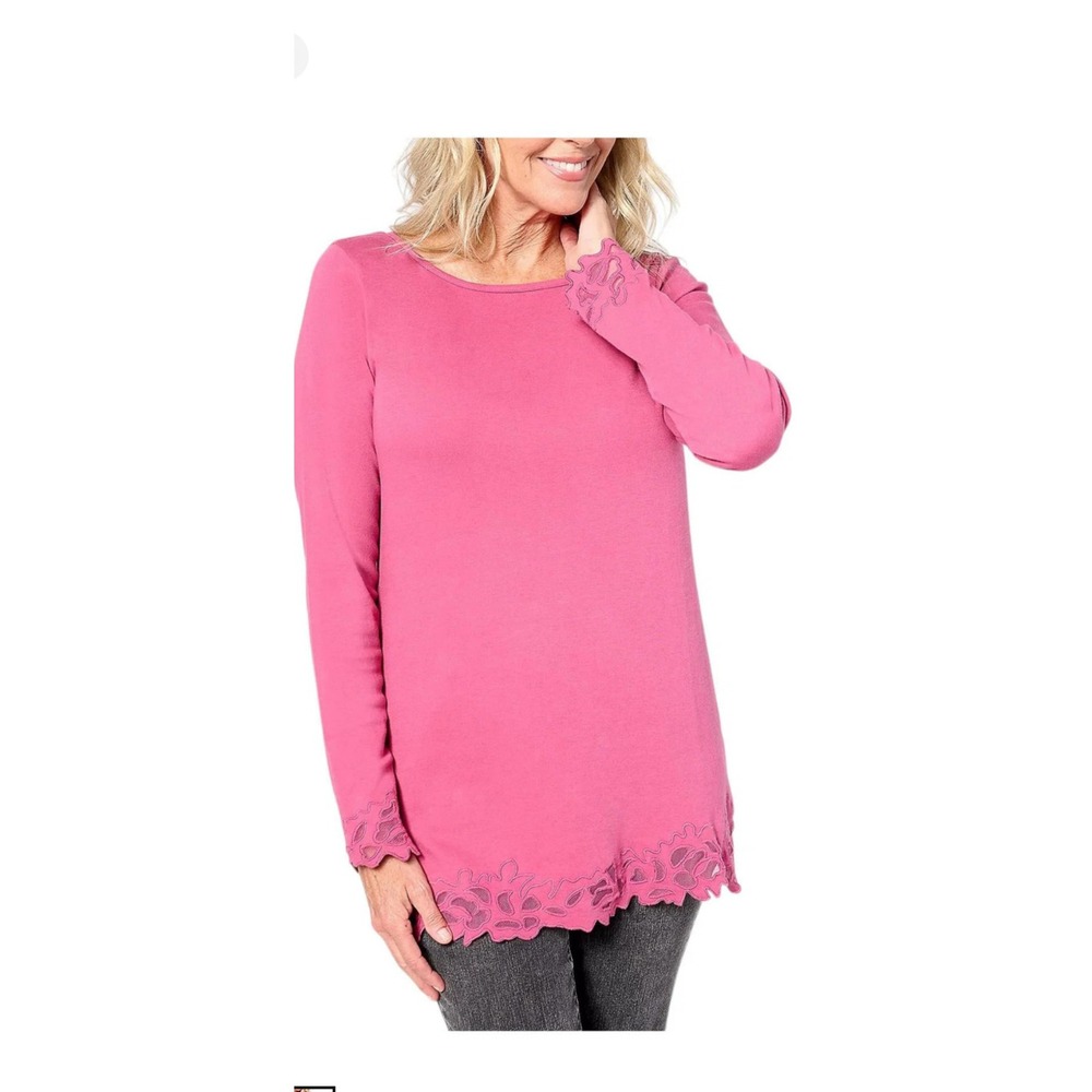 Denim & Co Signature Pink Laser Cut Eyelet Hem Tunic Top XS Long Sleeve